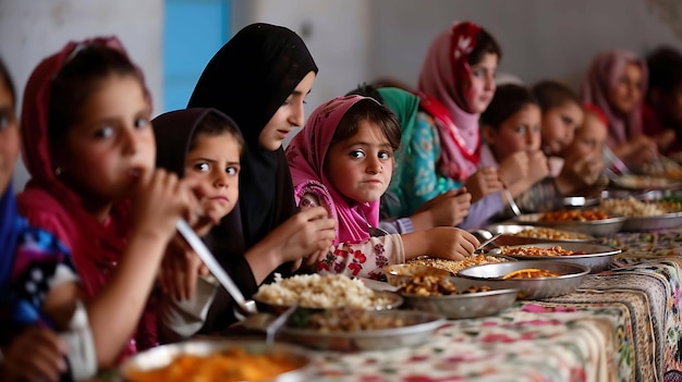 Un gruppo di giovani ragazze sono sedute attorno a un tavolo a mangiare un pasto le ragazze indossano tutte i velo il tavolo è coperto di cibo