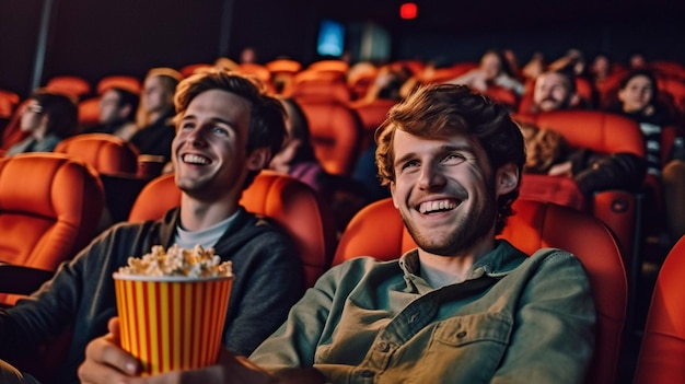 Un gruppo di giovani si gode un film e mangia popcorn a teatro con due maschi felici sullo sfondo GENERATE AI
