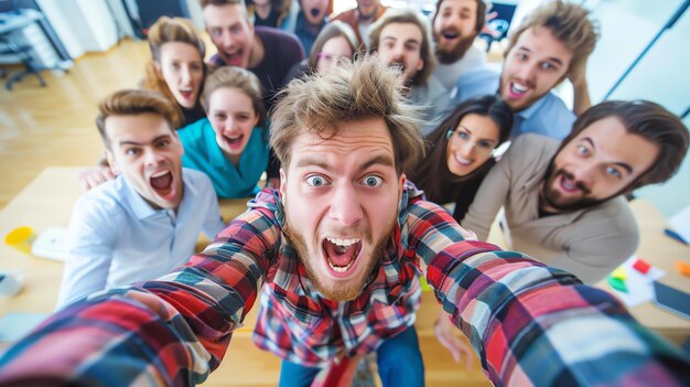 Un gruppo di giovani si sta facendo un selfie, sono tutti sorridenti e si divertono, la gente indossa vestiti casuali, lo sfondo è sfocato.