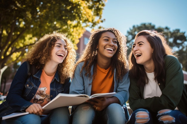 Un gruppo di giovani studentesse universitarie sedute l'una accanto all'altra e che ridono