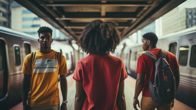 Un gruppo di giovani sulla piattaforma della stazione della metropolitana Concetto di trasporto pubblico
