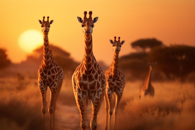 un gruppo di giraffe cammina in fila e fa una fila nella savana dell'Africa al tramonto con il sole gigante