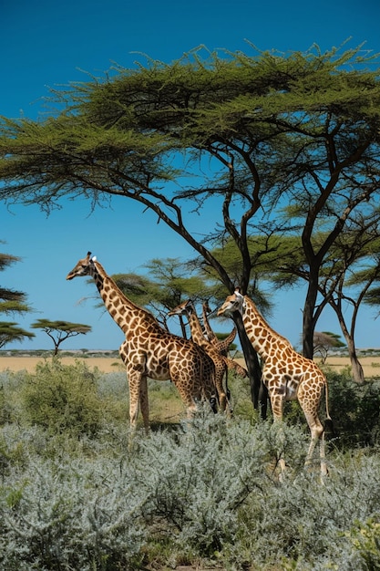 un gruppo di giraffe che pascolano tra gli alberi di acacia nella savana africana