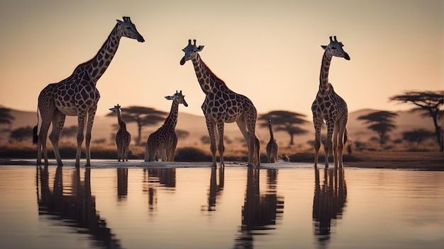 un gruppo di giraffe è in piedi nell'acqua.