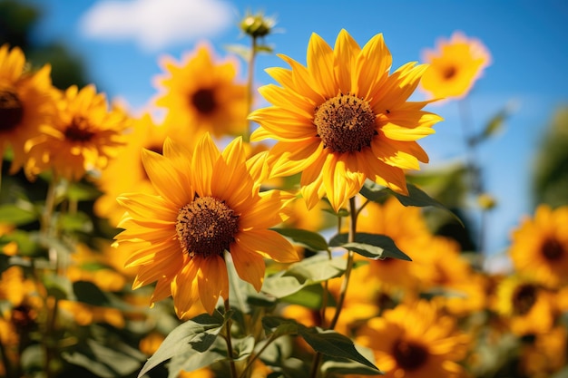 un gruppo di girasoli con cielo blu e nuvole