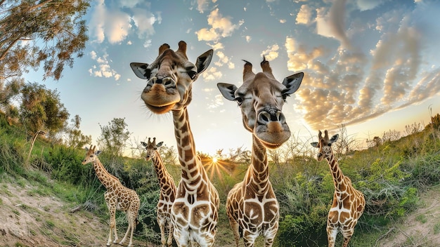 Un gruppo di graziose giraffe con il collo alto in piedi fianco a fianco in unità sulla savana