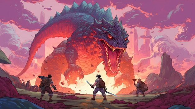 Un gruppo di guerrieri che combattono contro un drago in un paesaggio fantascientifico Concetto di fantasia Pittura illustrativa IA generativa