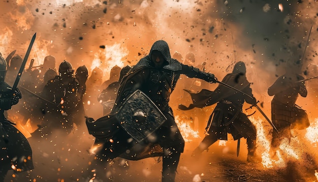 Un gruppo di guerrieri sta combattendo in una battaglia con uno di loro che tiene una spada
