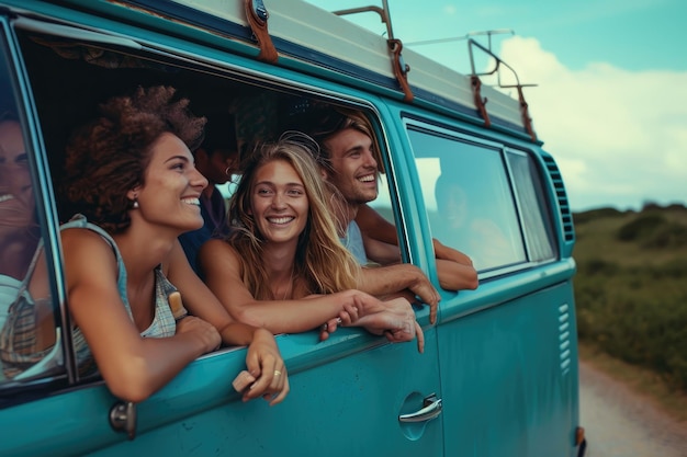 Un gruppo di individui seduti sul retro di un furgone che viaggia insieme un gruppo di amici in un viaggio su strada in un fugale d'epoca generato dall'IA