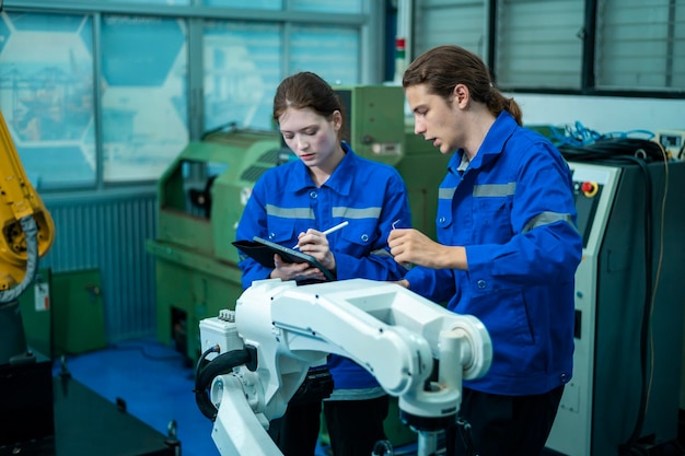 Un gruppo di ingegneri di robotica che lavorano con Programming and Manipulating Robot Hand