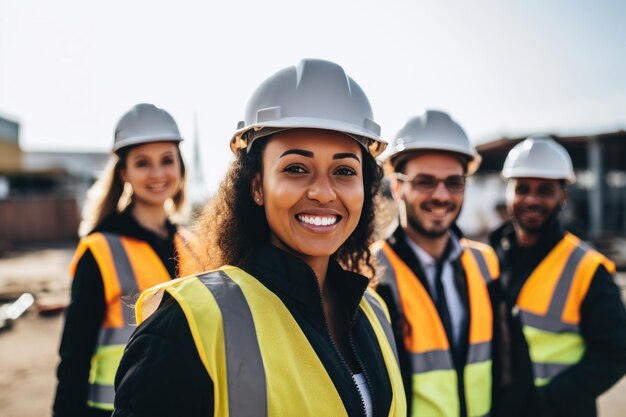 Un gruppo di ingegneri e professionisti sorridenti che indossano caschi e caschi in un cantiere