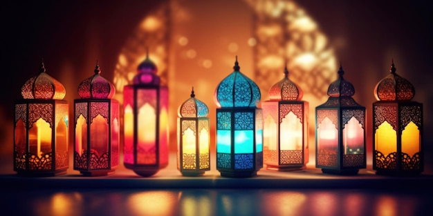 Un gruppo di lanterne colorate con il testo ramadan