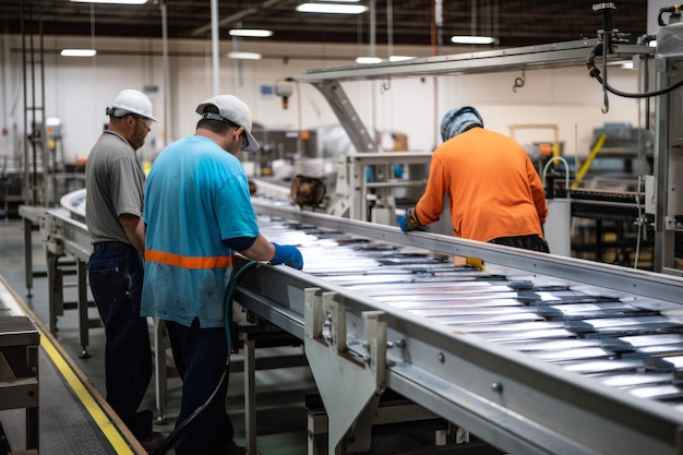 Un gruppo di lavoratori che azionano un nastro trasportatore in un impianto di produzione