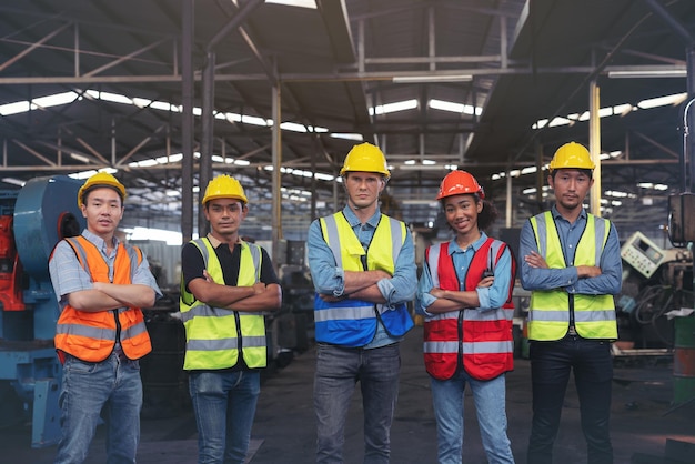 Un gruppo di lavoratori dell'industria e ingegneri di varie razze si divertono a lavorare in uno stabilimento pesante e stanno insieme con un sorriso piacevole. ritratto