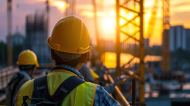 Un gruppo di lavoratori della costruzione in piedi insieme sugli strumenti di tenuta del sito