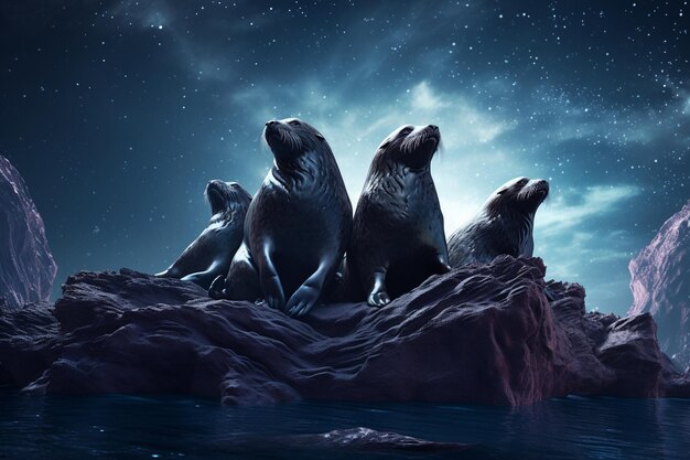 Un gruppo di leoni marini cosmici che si crogiolano su un galleggiante 00236 01