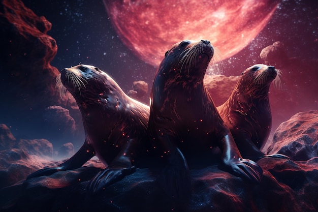 Un gruppo di leoni marini cosmici che si crogiolano su un galleggiante 00237 03