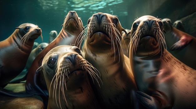 Un gruppo di leoni marini è riunito in una vasca.