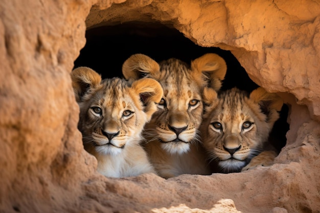 un gruppo di leoni seduti in una grotta