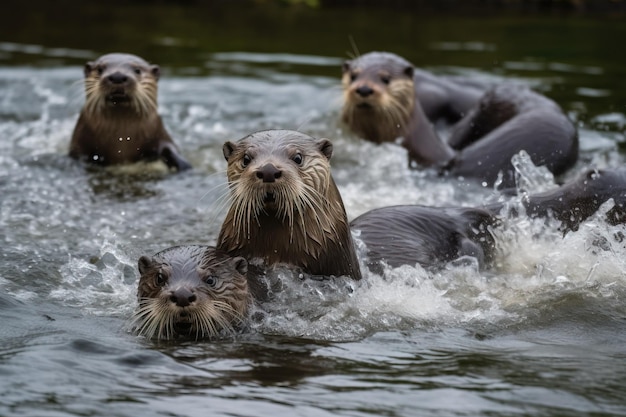 Un gruppo di lontre a caccia di pesci in un fiume