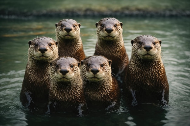 un gruppo di lontre in piedi in uno specchio d'acqua ai generativo