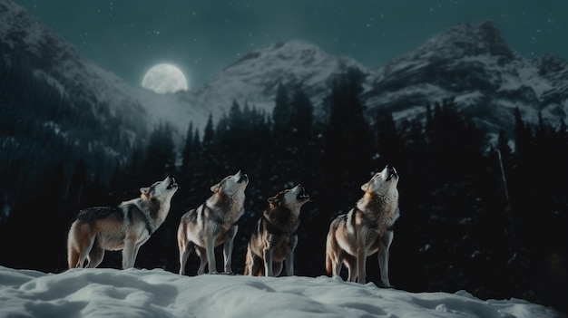 Un gruppo di lupi in piedi sulla cima di una collina innevata Immagine AI generativa