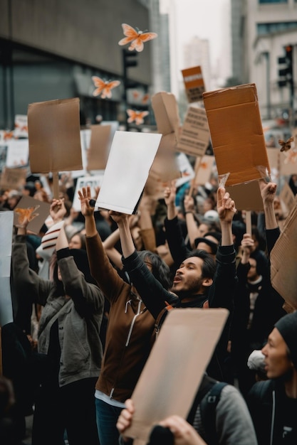 Un gruppo di manifestanti che sostiene un mockup pulito di segni nell'aria Immagine di intelligenza artificiale generativa