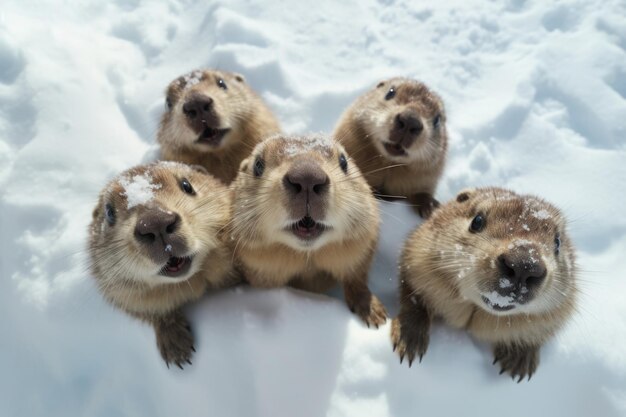 Un gruppo di marmotte sedute sulla neve che guardano con curiosità la telecamera