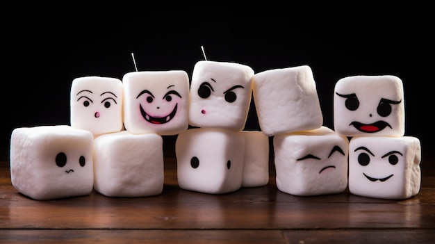 Un gruppo di marshmallow con facce