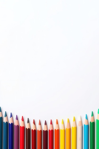 Un gruppo di matite colorate fila su sfondo bianco
