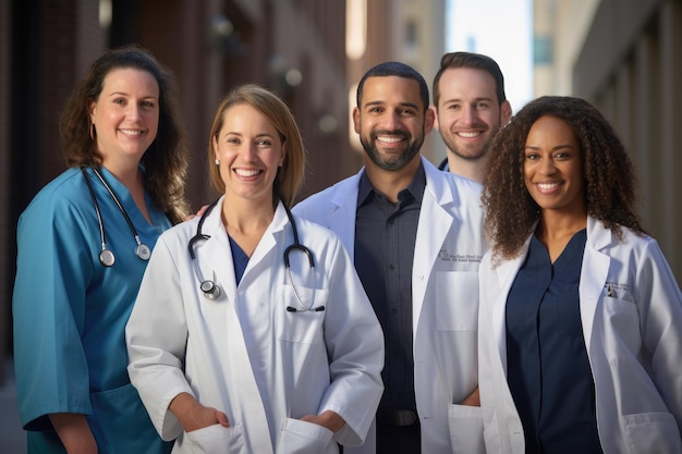 Un gruppo di medici che posano allegramente per una foto davanti a un edificio ospedaliero Gruppo di personale medico che posa per una foto Generato dall'intelligenza artificiale