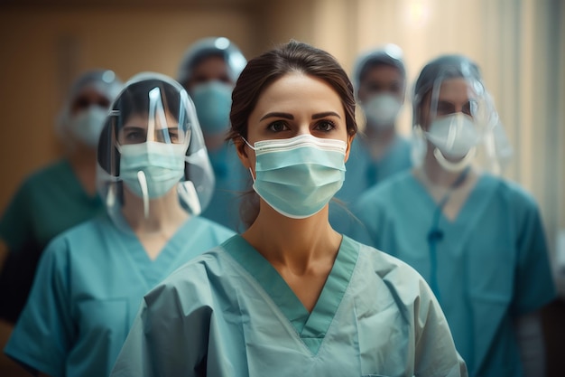Un gruppo di medici e infermieri sta in fila indossando mascherine e mascherine.