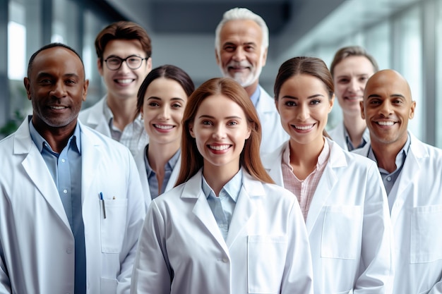 Un gruppo di medici e infermieri sta in fila, sorridendo e guardando la telecamera.