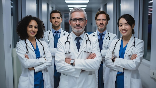 Un gruppo di medici moderni di successo e sicuri di sé stanno posando e guardando la telecamera al