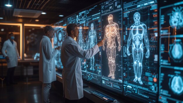 Un gruppo di medici qualificati esamina le immagini diagnostiche sullo schermo elettronico