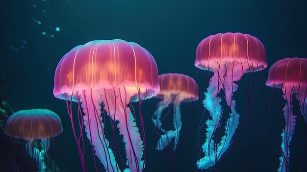 Un gruppo di meduse nei colori blu e rosa