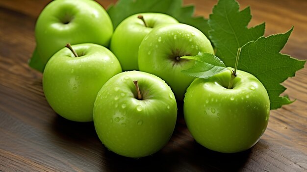 Un gruppo di mele Granny Smith con le foglie su un tavolo di legno