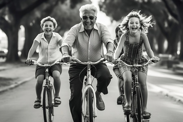 Un gruppo di membri della famiglia che guidano le biciclette lungo una strada in un parco vecchio uomo in bicicletta in primo piano