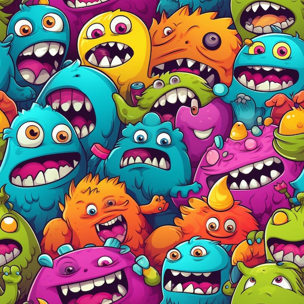Un gruppo di mostri colorati con bocche grandi e denti generativi ai