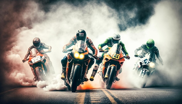 Un gruppo di motociclette corre lungo una strada da cui esce del fumo.