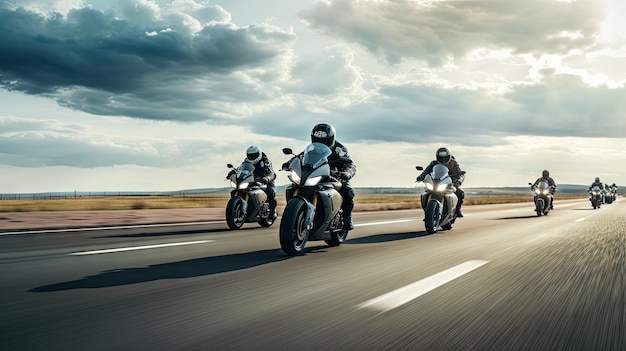 Un gruppo di motociclisti guida biciclette sportive a velocità elevate su una strada vuota contro un bel cielo nuvoloso