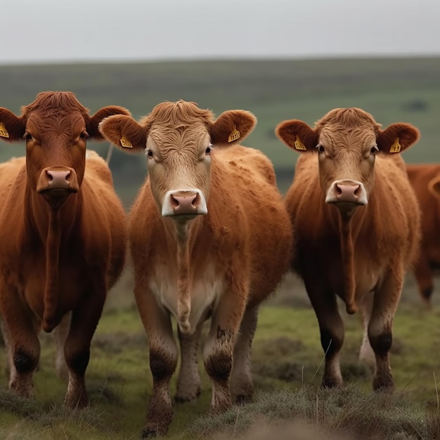 Un gruppo di mucche cammina in un campo.