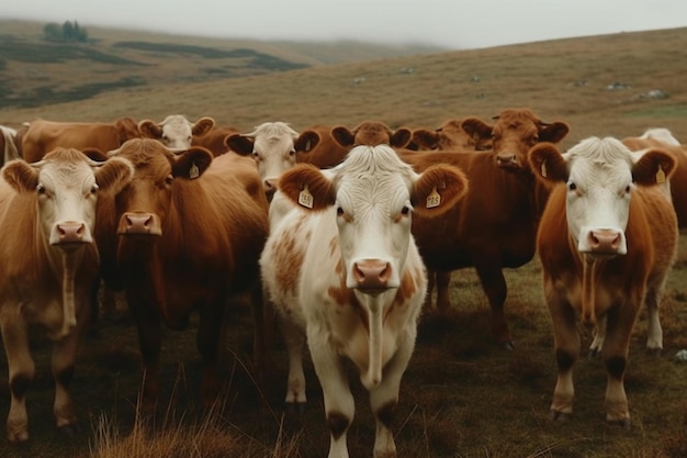 Un gruppo di mucche è in piedi in un campo.