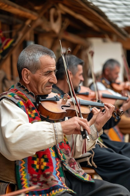 un gruppo di musicisti che suona musica tradizionale rumena in un villaggio