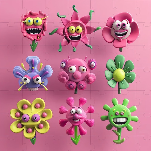 Un gruppo di oggetti dall'aspetto strano su uno sfondo rosa
