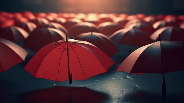 Un gruppo di ombrelli rossi è in una stanza buia.