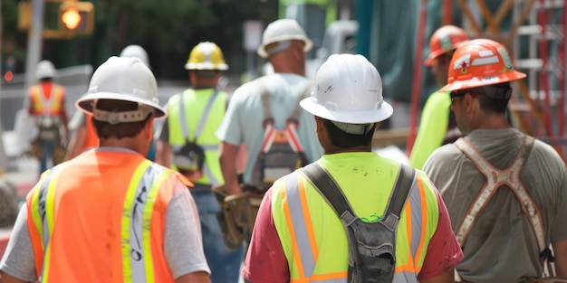 Un gruppo di operai edili che indossano caschi e giubbotti di sicurezza in un cantiere