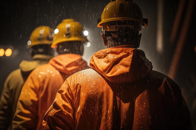 Un gruppo di operai edili in giacca arancione sta in fila, con la parola fuoco sul davanti.