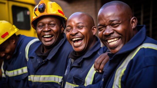 Un gruppo di operai edili sorride mentre collaborano a un progetto