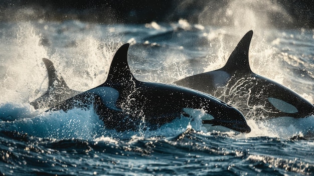 Un gruppo di orche che cacciano in natura le loro potenti pinne dorsali tagliano le onde mentre lavorano insieme per catturare la loro preda mostrando il predatore apice in azione